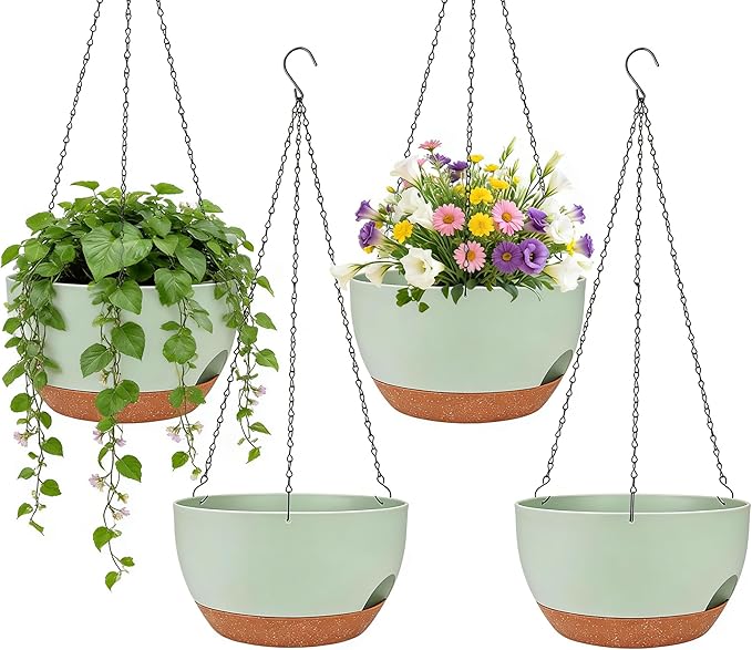 Set of 4-8 Inch Self Watering Hanging Planters for Indoor Outdoor，Hanging Plant Pots with Drainage & Removable Tray, Hanging Pots Holder for Ivy, Pothos, Ferns, Balcony & Patio, Green Brown