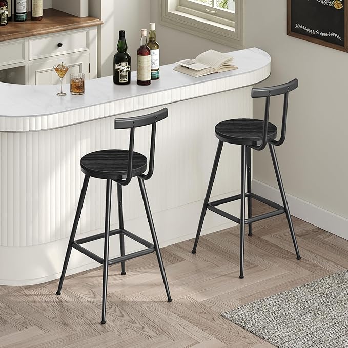 Bar Stools, Set of 2 Bar Chairs with Backrest and Footrest, 26" Tall Counter Stools, Metal Frame, Adjustable Feet, Easy Assembly, for Kitchen, Living Room, Pub, Black BAHB6001