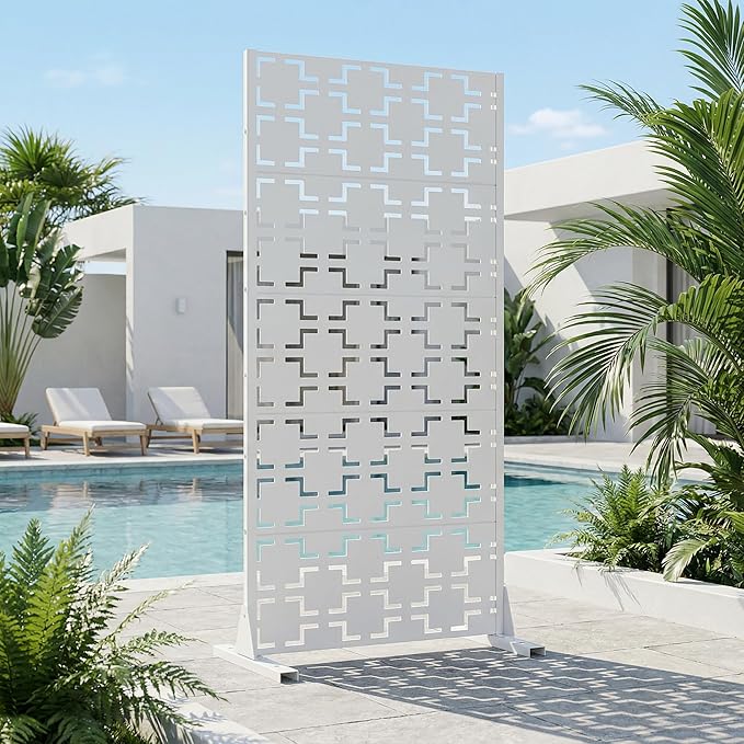 Casaphoria Metal Privacy Screen Outdoor, 60" H x 30" W Freestanding Decorative Privacy Screen for Patio Deck Balcony Garden with Stable Base, White-Square