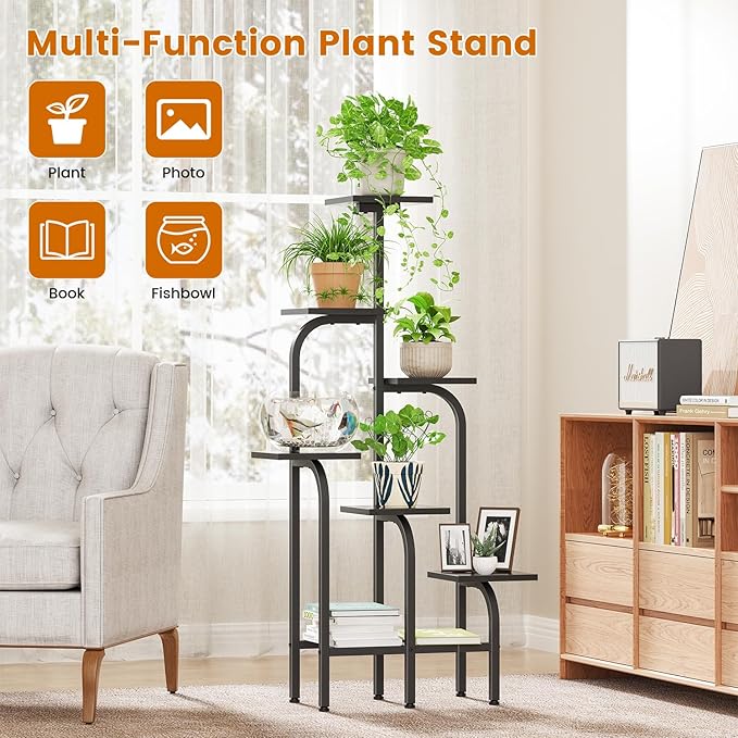 6 Tier Plant Stand Indoor, Plant Shelf for Multiple Plants, Flower Pot Holder Shelf, Planter Display Rack for Patio Garden Balcony Living Room Bedroom Decor, Black