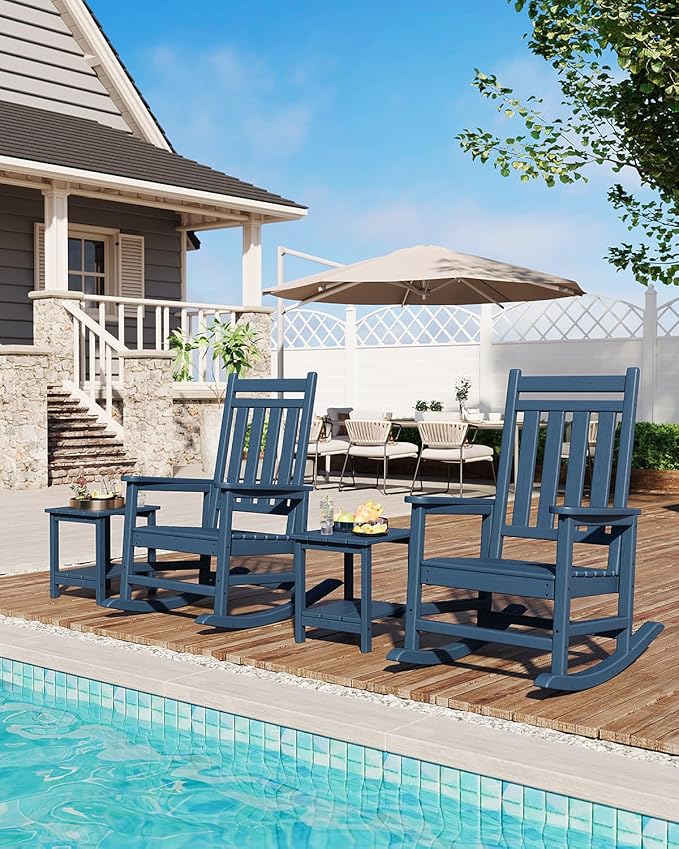 GarveeLife Poly Lumber Rocking Chair Outdoor - HDPE High Back Porch Rocker Chairs for Adults - All Weather Resistant Furniture for Patio - Navy Blue