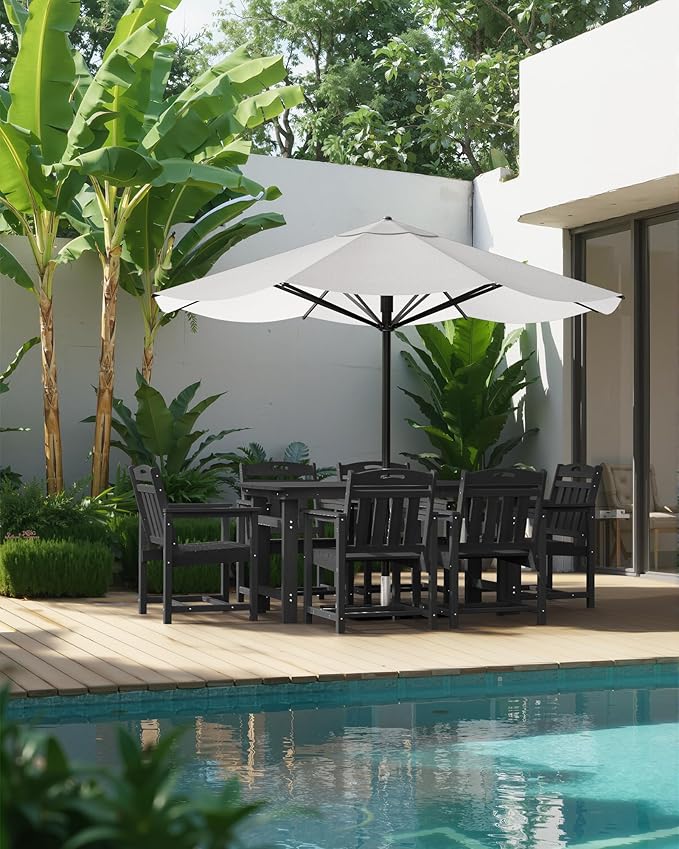 Outdoor Rectangle Dining Table, Heavy-Duty HDPE Table for 6, Weatherproof Patio Table with Umbrella Hole, Rounded Corners for Safety, Black