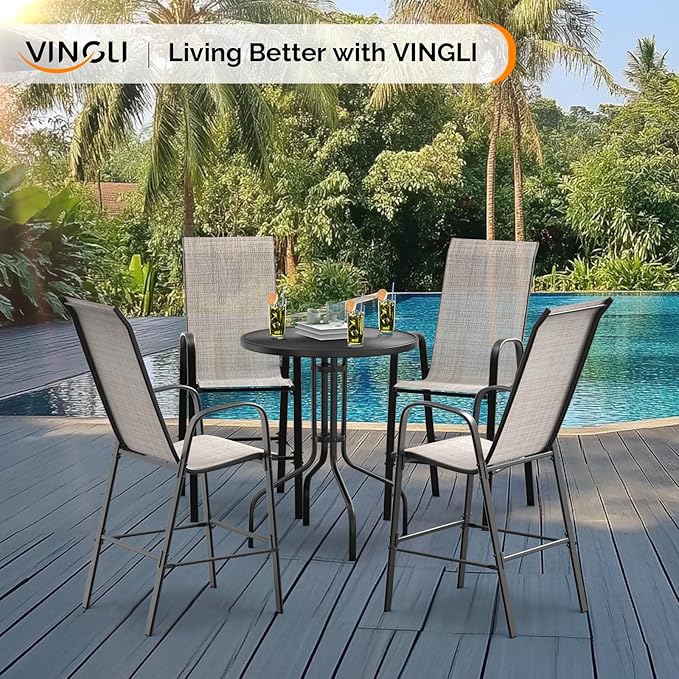 VINGLI Outdoor Bar Chairs Set of 8 – Stackable Outdoor Bar Stools with Sturdy Sling High Back and Armrests for Lawn, Courtyard, Garden, Bar, Yellow