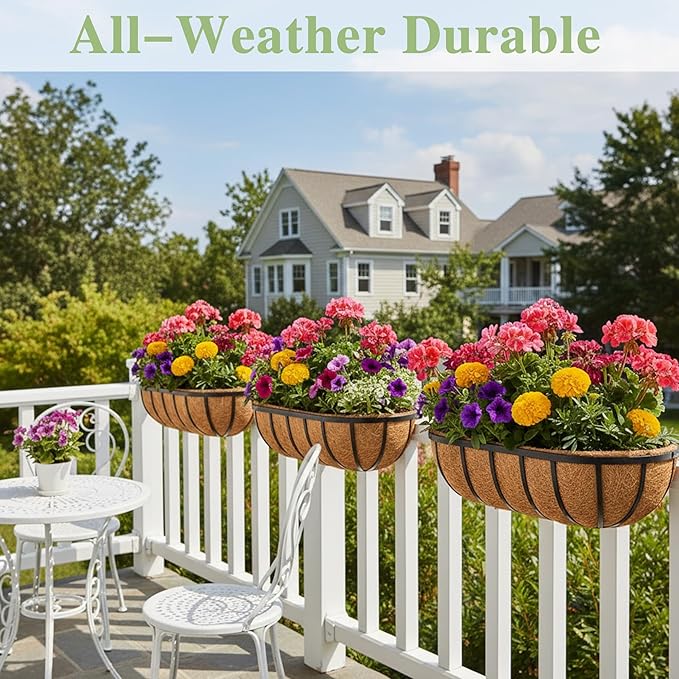 36 Inch Railing Planter Window Box Deck Balcony Rail Planter with Coco Liner Metal Wall-Mounted Coconut Liner Planters Basket Horse Trough Planters for Outdoor Balcony Porch Fence Patio (2 Pack)