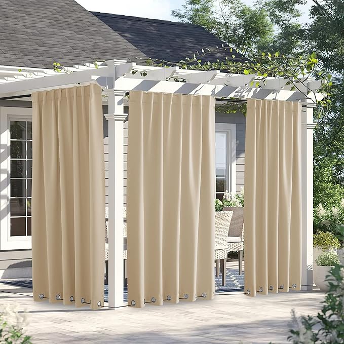 NICETOWN 2 Panels Outdoor Curtains for Patio Waterproof & Windproof, Thermal Insulated Top & Bottom Grommet & Back Tab Light Block Outdoor Drapes with Bouns Rope for Fixed, Biscotti Beige, W66 x L84