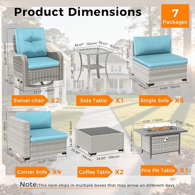14-Seat Outdoor Wicker Patio Furniture Set with Fire Pit Table, Modular Rattan Sectional Sofa & 2 Swivel Rocking Chairs, 4" Thick Cushions, Rust-Resistant Frame,Blue