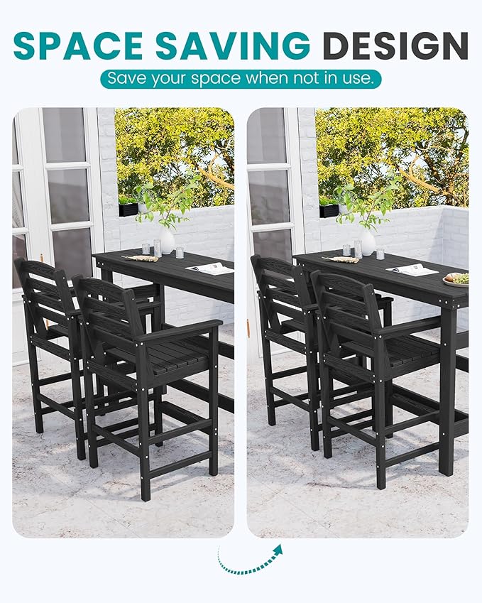 SERWALL Outdoor Bar Table and Chairs Set, Adirondack Bar Chairs Set of 2 and Bar Height Table, All Weather HDPE Patio Bar Set, Outdoor Furniture for Outside, Black
