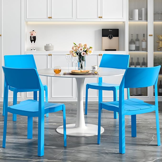 VECELO 4 Pack Stackable Dining Chairs, Plastic Patio Chairs for Indoor Outdoor Use in Kitchen, Poolside, No Assembly, Matte Blue