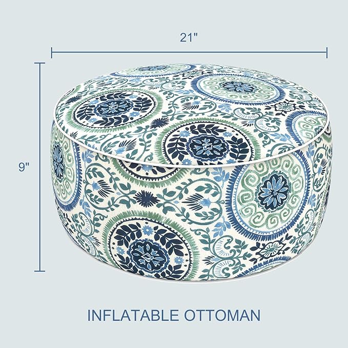 LVTXIII Indoor/Outdoor Inflatable Ottoman with Handle D21 x H9 Inch, Weather-Resistant Round Footstool Pouf for Patio Camping Living Room, Portable Footrest Extra Seating, Coastal Medallion