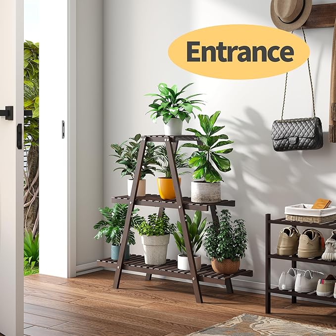 Plant Stand Indoor, Outdoor bamboo Plant Rack for Multiple Plants, 3 Tier 8 Potted Flower Holder Ladder,Plant Shelf Ladder Table Plant Pot Stand for Living Room, Patio, Balcony (Brown)