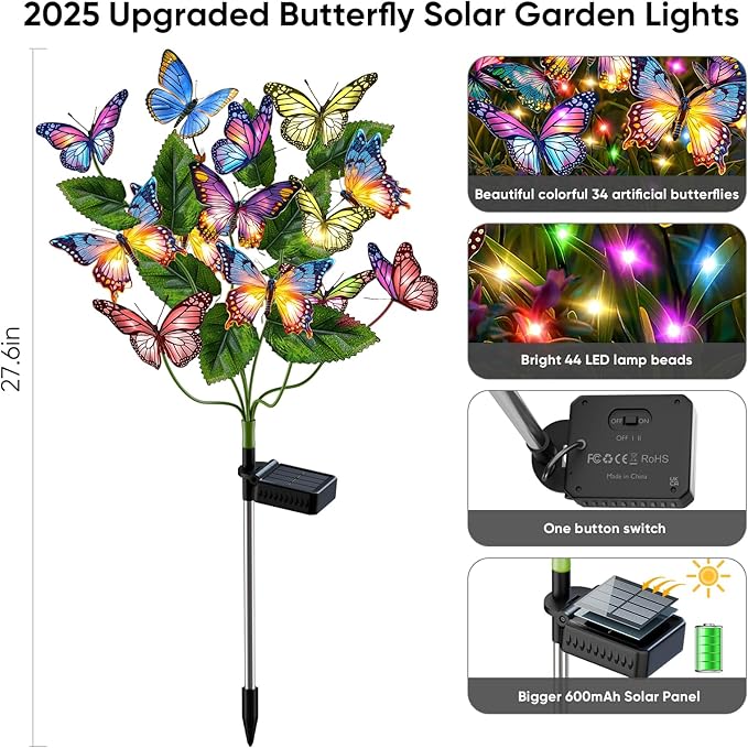 Solar Lights Outdoor Garden Decor: 8 Pack 136 Silk Butterflies with 176 Color-Changing LEDs - Auto On/Off 12H Magical Lighting IP65 Waterproof for Yard Patio Pathway - Unique Gifts for Mom Grandma