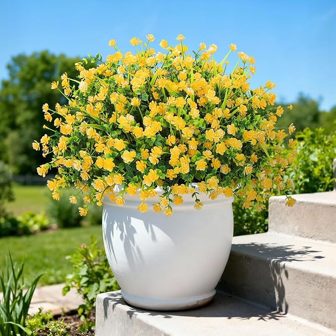 20 Bundles Artificial Flowers for Outdoors Fake Plastic Flowers UV Resistant Realistic Faux Plants Shrubs for Spring Summer Garden Porch Yard Patio Planter Window Box Home Decor, Yellow