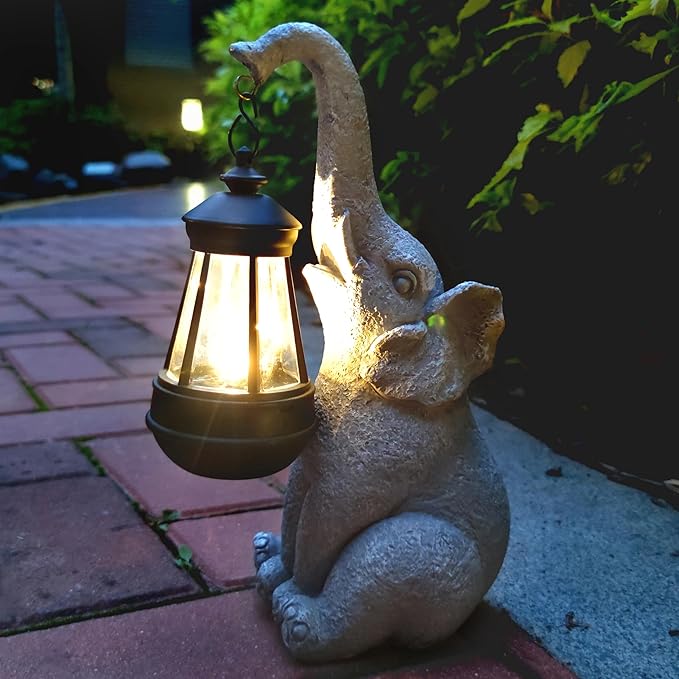 Elephant Solar Garden Statues,Resin Elephant Figurine Decorations with Solar Lights Lantern, Outdoor Figurines Lawn Garden Statue Decor Art for Lawn,Yard, Balcony Ornament.