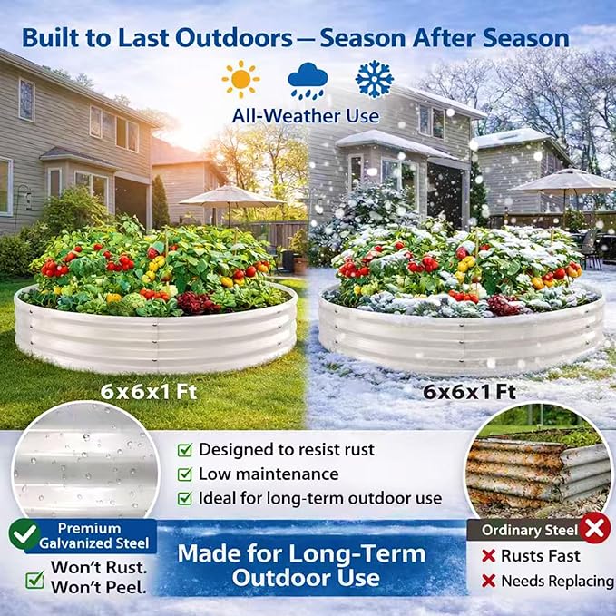 Round Galvanized Raised Garden Bed, 6x6FT, 12" Depth for Outdoor Gardening, Heavy Duty Metal Planter Box for Vegetables, Flowers & Herbs, Rust-Resistant, Easy DIY Assembly
