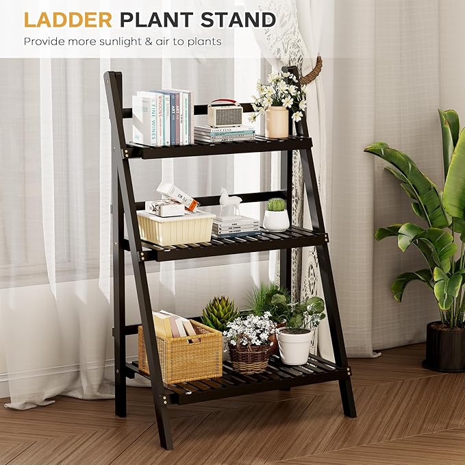 39.4" Foldable Plant Shelf Ladder Shelf, 3 Tier Bamboo Ladder Flower Pot Display Shelf, Freestanding Ladder Bookshelf for Garden, Balcony, Yard, Living Room, 23.6" W x 15" D x 39.4" H, Black