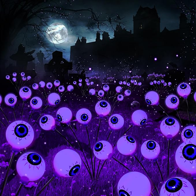 BrizLabs Halloween Eyeball Lights, 2 Pack 12 LED Solar Halloween Lights, 2 Modes Outdoor Spooky Walkway Light, Purple Swinging Firefly Light, Outside Purple Pathway Lighting for Yard Garden Lawn Party