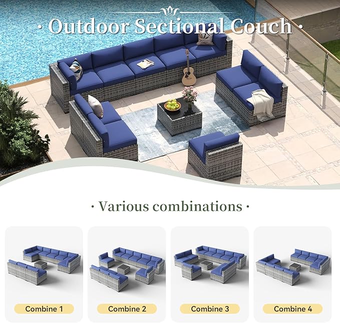 Aoxun 11 Piece Patio Furniture Set Wicker Rattan Patio Conversation Set Outdoor Sectional Sofa Set with Coffee Table and Thickened Cushions, Gray/Blue(Waterproof Cover Included)