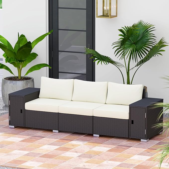 Outsunny 3 Seater Wicker Sofa with 2 Storage Side Tables and Thickened Cushions, Rattan Outdoor Patio Sofa with Wide Armrests, Wicker Outdoor Couch for Porch, Garden, Backyard, Cream White/Brown