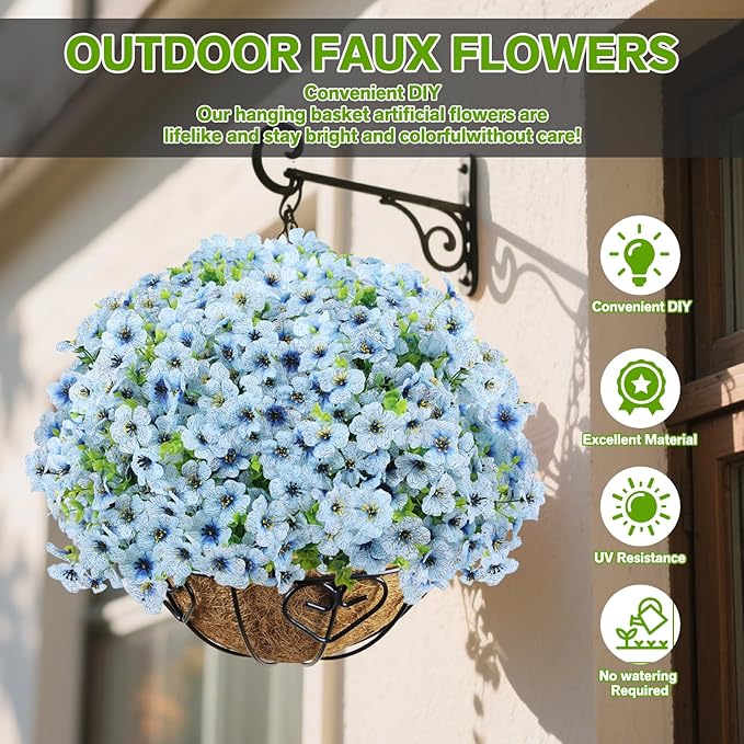 Artificial Flowers for Outdoor Indoor,Silk Flowers No Fade Fake Plastic Flowers Faux Plants for Outdoors Outside Front Porch Hanging Planter Window Box Garden Home Decoration,13 Pack(Blue)
