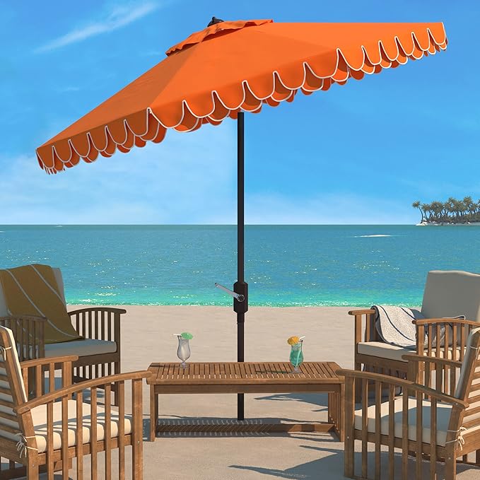 SAFAVIEH 9ft Outdoor Patio Umbrella, Round, Valance, Orange, Auto Crank Tilt, UV Resistant for Deck, Backyard, Poolside (PAT8006O)