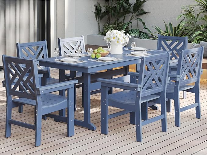 7-Piece Outdoor Dining Set, HDPE All-Weather Patio Table and Chairs Set for 6, Outdoor Patio Furniture Sets with Umbrella Hole for Outside, Deck, Backyard, Garden (Navy Blue)