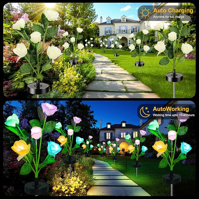 Upgraded Solar Garden Lights, 2 Pack Outdoor Solar Lights, New Round Panel for 40-Hour Runtime, Serve as Outdoor & Indoor Decor, 7-Color Changing Flower Lights, Waterproof for Patio Yard Decoration