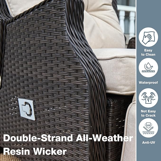 Outdoor Indoor Wicker Recliner with Adjustable Back and Footrest, Patio Reclining Chair with Flip-up Table, Outdoor Rattan Lounge Chair, Upgrade Beige