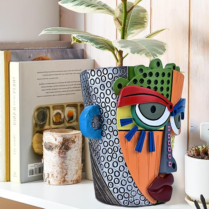 Abstract Face Planter Pots for Plants,Hand-Painted Colorful Flower Pots with Drainage, Indoor Outdoor Garden Decor Gift(Modern,Large)
