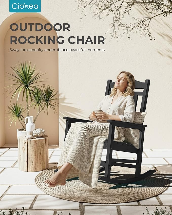 Ciokea Oversized Outdoor Rocking Chair, 380lbs Heavy-Duty Large Patio Rocker, Weather Resistant & Anti-Fade Porch Chair, High Back Cozy Rocking Chair for Outside, Fire Pit, Deck, Garden, Black