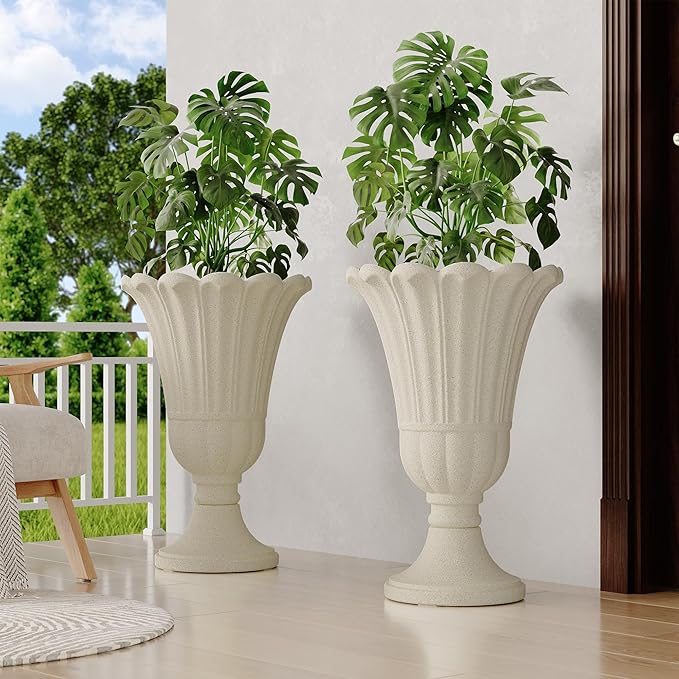 23" Tall Planters for Outdoor Plants Set of 2, Planter with Drainage Holes and Petal Design, Large Outdoor Planters for Porch, Garden, Indoor, Beige