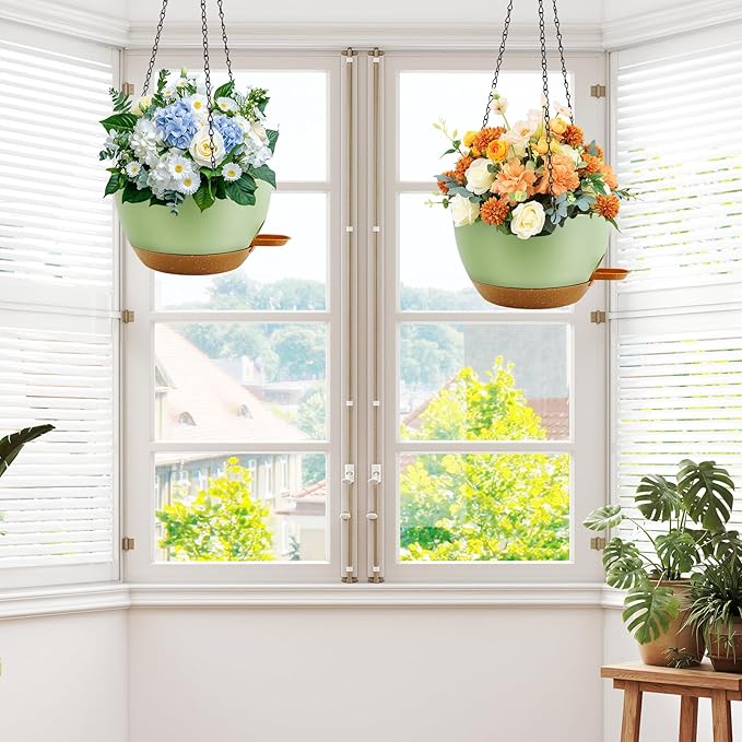 12 inch Hanging Planters for Indoor Plants, 2 Pack Self-Watering Hanging Planter Pots with Chain and Drainage Holes, Outdoor Plastic Hanging Baskets for Garden Home Decor