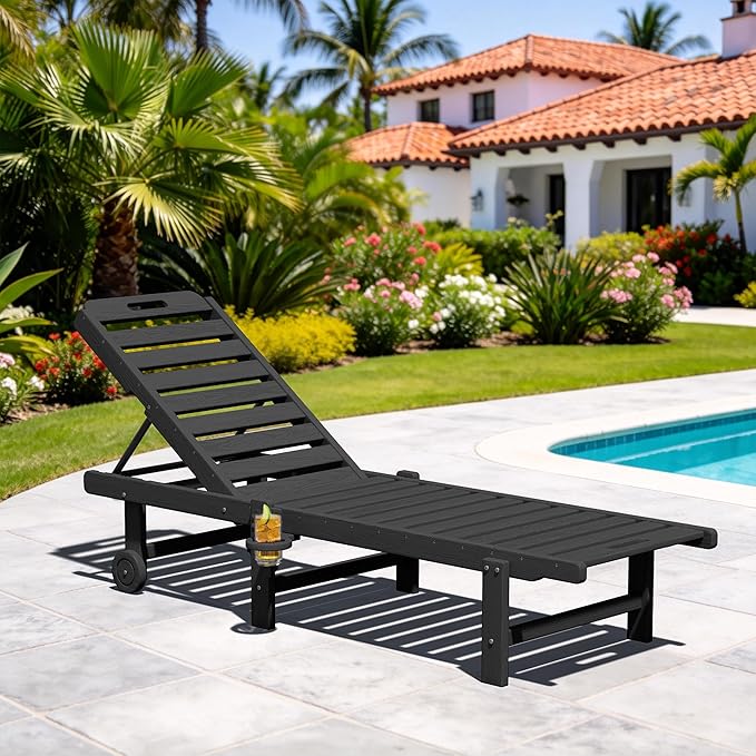 SERWALL Patio Chaise Lounge Chair, HDPE Outdoor Lounge Chair with Cup Holder, 5 Positions Adjustable Poly Lounger with Rolling Wheels for Poolside, Deck, Sunbathing, Black