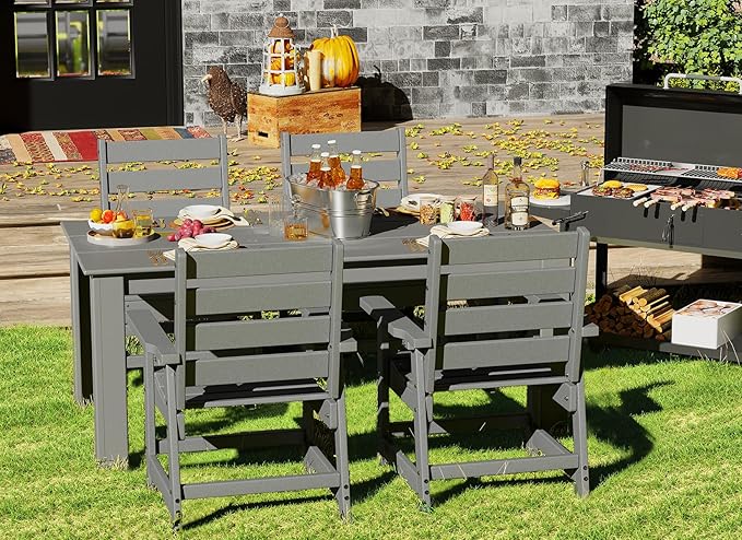 GREENVINES 7-Piece Outdoor Dining Set | HDPE | Patio Table and Chairs Sets for 6 | Patio Furniture | All Weather | Umbrella Hole | Grey | for Backyard Poolside Garden