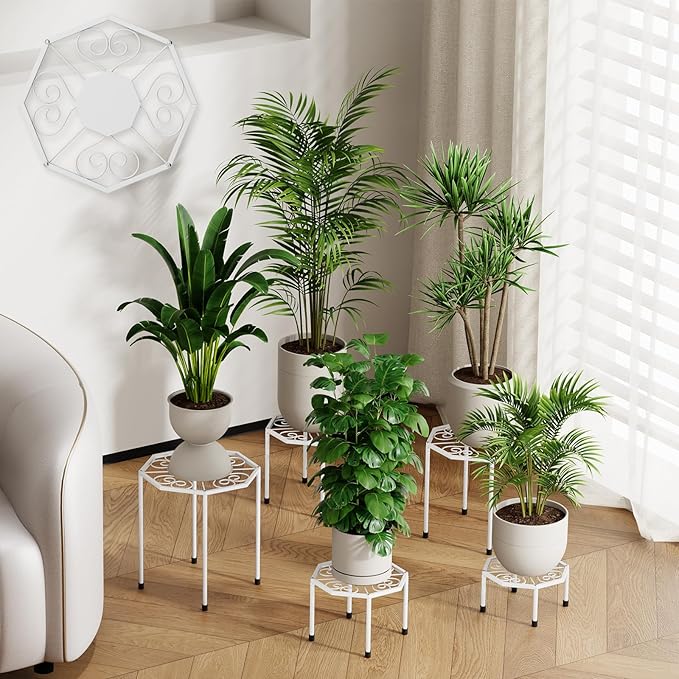 5-Pack Metal Plant Stands for Outdoor Indoor, Anti-Rust Iron Flower Pot Stand, Heavy Duty Plant Pot Shelf for Multiple Plant, Decoration Racks for Home, Patio & Garden (White)