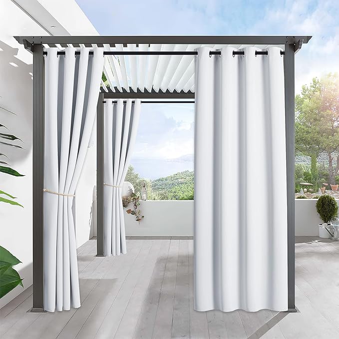 RYB HOME Outdoor Curtains for Patio Waterproof Block Sunlight Thermal Insulated Privacy Assured Thick Outside Curtains for Pergola, Deck, Gazebo, W52 x L108, Greyish White, 1 Panel