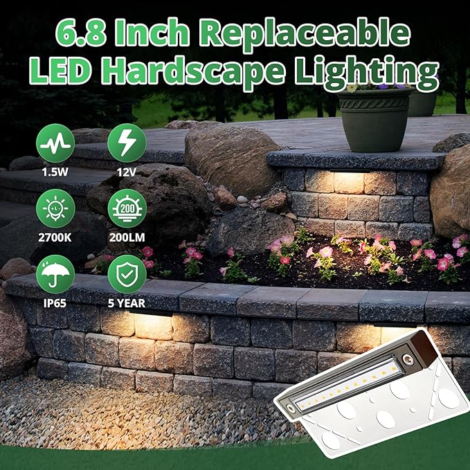 GKOLED 8-Pack Replaceable 6.8" LED Hardscape Lights, Low Voltage Retaining Wall Lights, Paver Wall Hardscape Lighting, Outdoor Landscape Step Lights, 12VAC/DC 1.5W 2700K, Die-cast Aluminum Housing