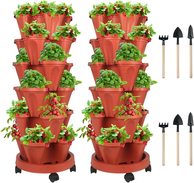 GameXcel Vertical Planter 6 Tier Stackable Planters Garden Planters Strawberry Herb Flower and Vegetable Planter Indoor Outdoor Gardening Pots with Removable Wheels and Tools 2-Pack