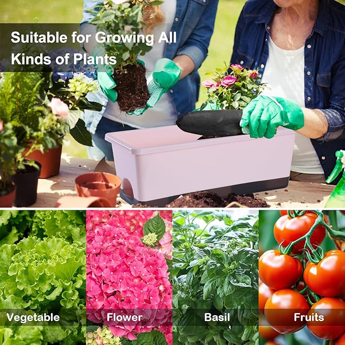 Window Box Planter 8 Pcs, 17 Inches Rectangle Flower Pots with Drainage Holes & Trays, Vegetable Planters for Windowsill Patio Garden Balcony Home Indoor Outdoor (Pink, 16 * 7 * 6 inch)