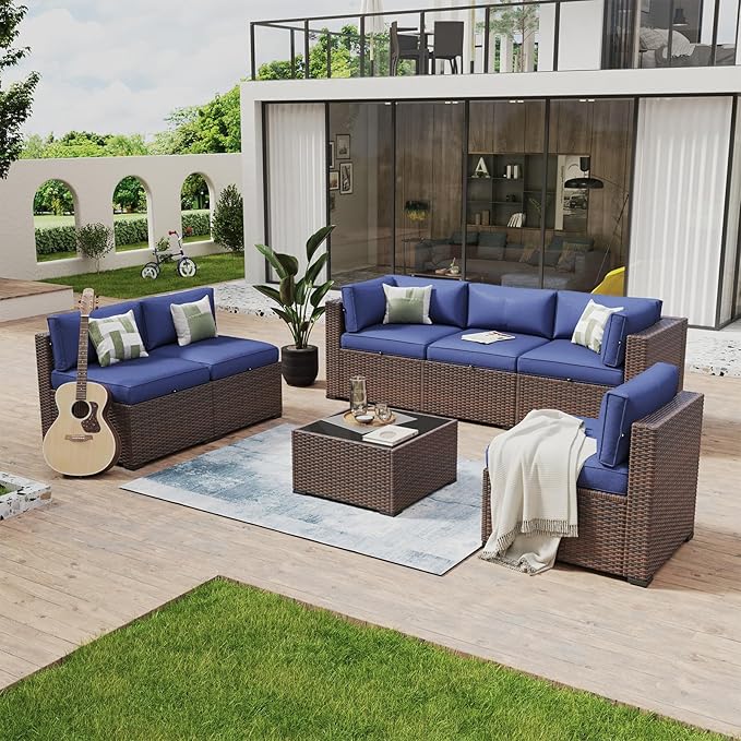 Aoxun 7 Piece Patio Furniture Set Wicker Rattan Patio Conversation Set Outdoor Sectional Sofa Set with Coffee Table and Thickened Cushions, Blue(Waterproof Cover Included)