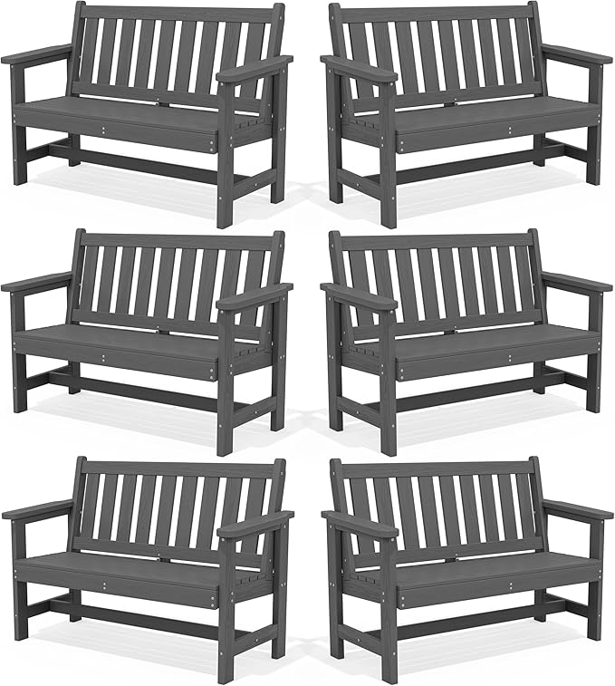 SERWALL Outdoor Bench, HDPE Outdoor Benches Weatherproof, 2-Person Garden Bench with 660 lbs Weight Capacity, Patio Benches for Outdoors, Garden, Porch, Backyard and Park, Grey, 6 Pack
