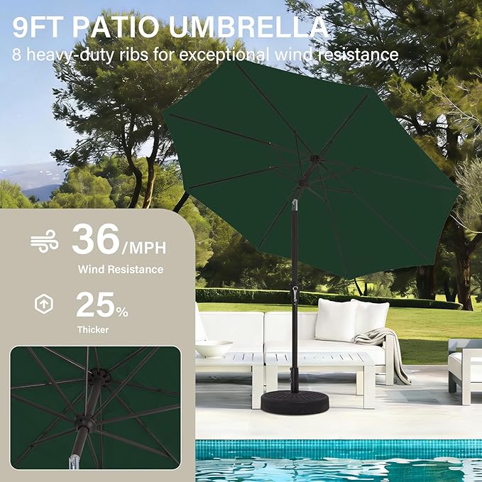 MEWAY 9ft Patio Umbrella Outdoor Table Umbrellas with Push Button Tilt and Crank, Market Umbrella 8 Sturdy Ribs for Deck, Garden, Pool and Backyard, Dark Green