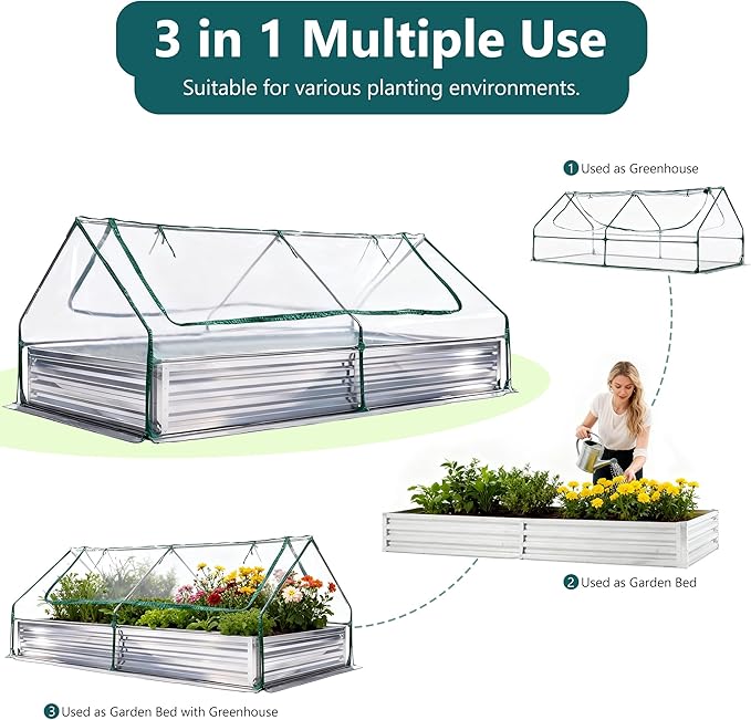 DUMOS Raised Garden Bed with Cover, 8x4x1ft Planter Box Outdoor for Deep-Rooted Herbs/Flowers/Vegetables, Extra Large Metal Garden Bed Mini Greenhouse for Patio, Balcony and Backyard, Silver