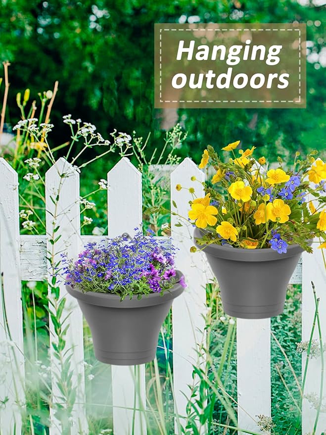 MADHOLLY 6Pcs Vertical Hanging Planters for Outdoor Plants - Wall Plant Holder for Indoor Decorations Garden Fence, Plastic Flower Pots with Drainage Grid and Hooks (Gray)