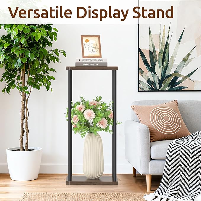 2 Tier Plant Stand Indoor, 28In Tall Corner Vertical Wood Metal Square Shelf, Modern Black Large Planter Table Heavy Duty Flower Pot Holder Rack for Narrow House Living Room Floor Orchid, Oak