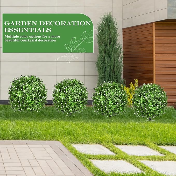 Artificial Topiary Bushes for Outdoors with Spike, Boxwood Ball Fake Shrubs UV Resistant Faux Plants for Indoor Outdoor Fall Thanksgiving Halloween Decor (Gypsophila Boxwood White-2 Packs)