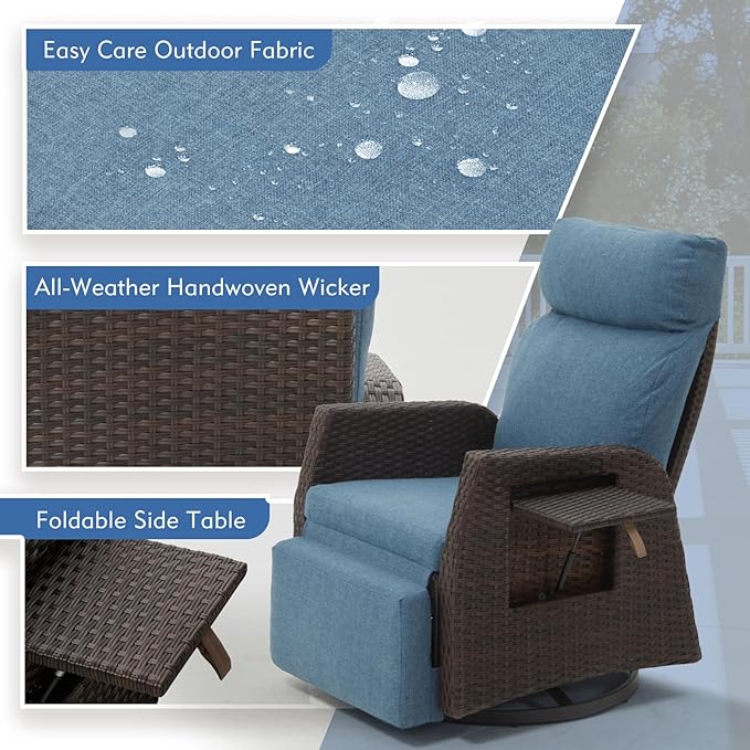 Adjustable Outdoor Recliner Chair with Independent Backrest & Footrest, Patio Swivel Recliner Chair, Wicker Reclining Patio Chair w/Flip-Up Table, 155° Lay Flat Chaise Lounge, Blue, 2PCS