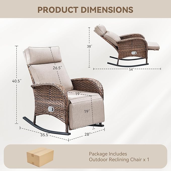 Zero Gravity Patio Rocking Wicker Recliner Chair - Wicker Outdoor Lounge Chair with Adjustable Backrest & Footrest, All Weather Reclining Rocker Chairs with Thick Cushion for Pool Deck Beige