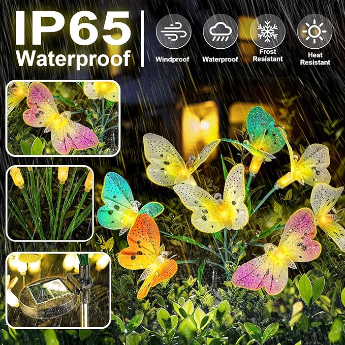 Anordsem Solar Garden Lights Outdoor: 8 Removable Optical Fiber Butterflies 2 Pack - Waterproof Fun Animal Decoration for Yard Patio Path - Gardening Gifts for Garden Lovers Over 30