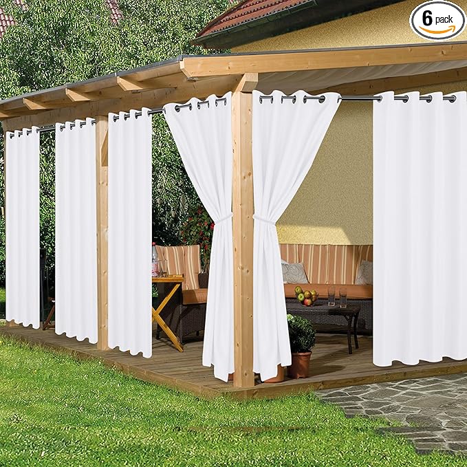 HolidayIdeas Outdoor Curtains for Patio Waterproof, 6 Panels - 54x84 Inches - Weatherproof Privacy Outsides Curtains for Cabana Porch Pergola, Sunlight & UV Blocking (White, Grommet Top)