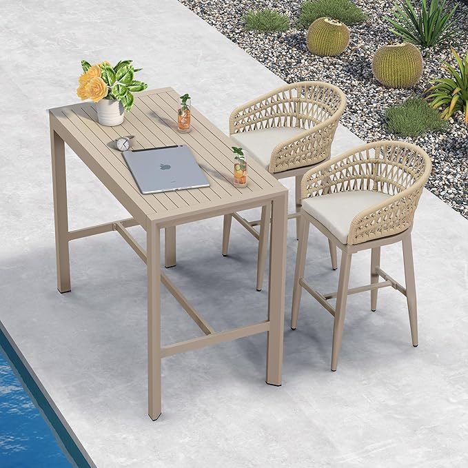 PURPLE LEAF Outdoor Rattan 29" Bar Stools Set of 2, Modern Boho Aluminum Patio Bar Height Chair with Cushion and Back for Outdoor and Indoor, Champagne